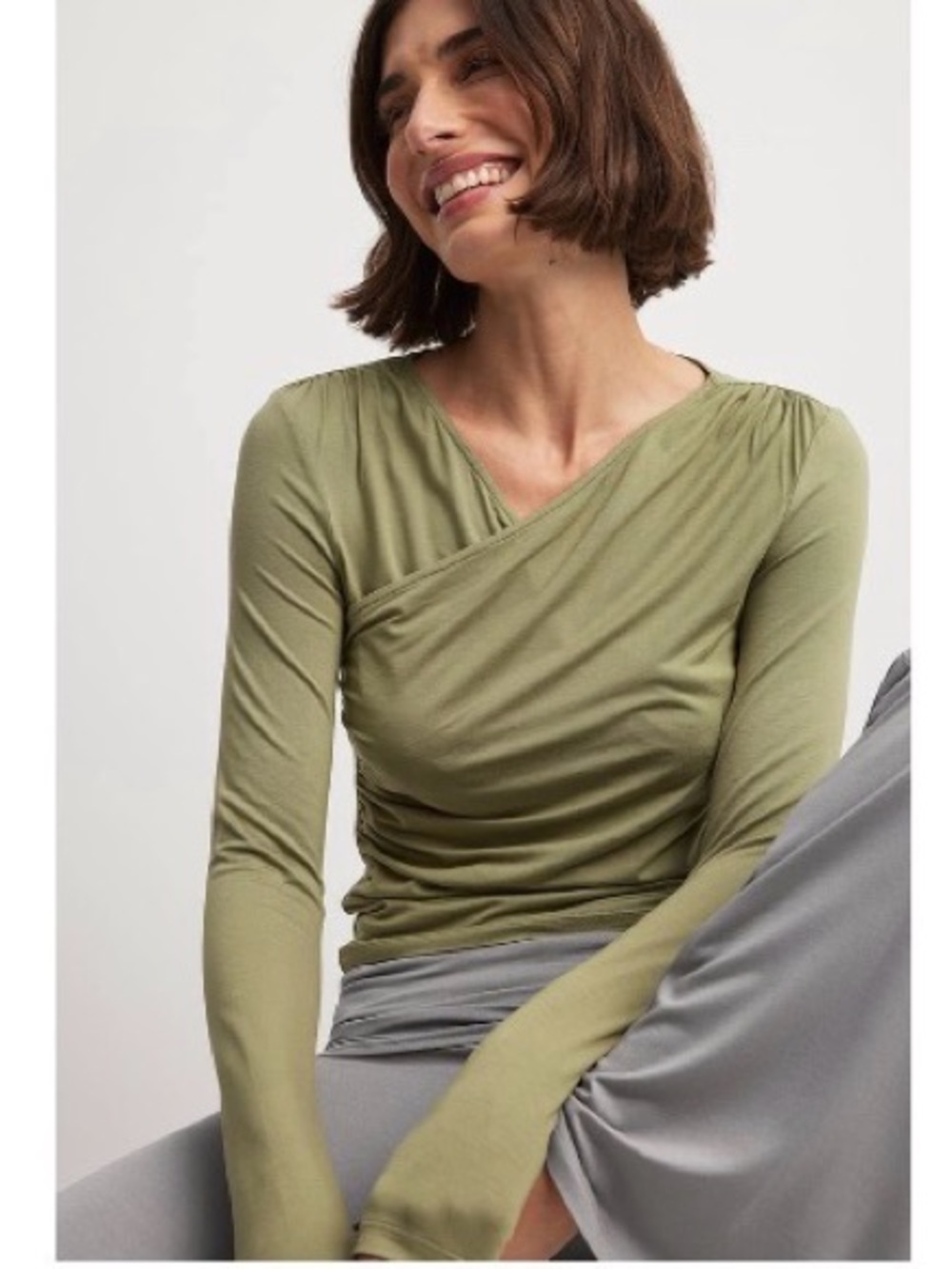 Olive Green Long-Sleeve Ruched Wrap-Front Top